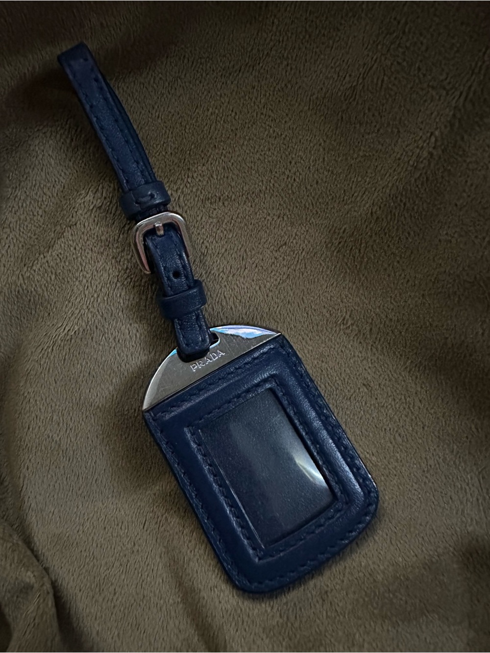 Prada Navy Leather Handbag or Luggage Tag with Silver Hardware